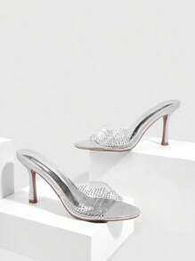 CUCCOO SZL Sandalias de tacón alto con punta abierta, con adornos de strass y acabado metálico plateado, para uso en clubes y eventos sexy