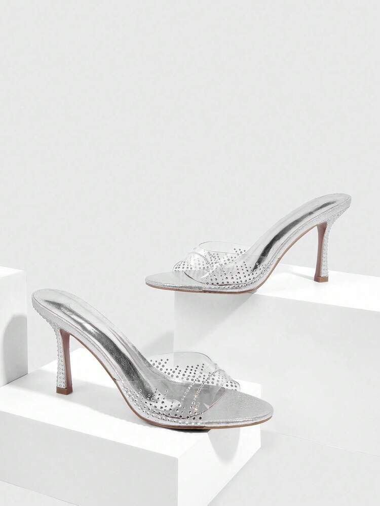 CUCCOO SZL Women's Rhinestone Embellished Metallic Silver Peep Toe High Heel Sandals, Sexy Club Wear
