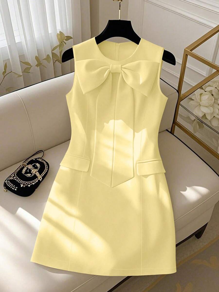 GlowEve Women's White Round Neck Waist Tie Bow Sleeveless Elegant Mini Dress - Light Yellow - View 1