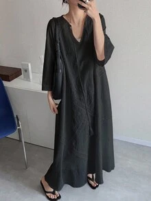 FRIFUL 女士全蕾丝刺绣袖口拼接网纱刺绣A字连衣裙，纯色休闲节日连衣裙，适合音乐节、毕业典礼 - 黑色 - 查看 2