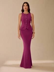 SHEIN Tall 2 件套极简主义时尚单排扣背心裙套装时尚优雅休闲简约日常纯色秋季商务休闲 - 酒紅色 - 查看 6