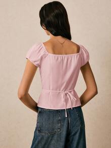 Poéselle Women's Sweetheart Collar Single-Breasted Raglan Sleeve Fashion Blouse - Pink - View 3