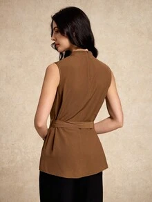 House of One Mock Beck Ruched Sleeves Top With Self Belt Tie Women Casual Summer Autumn Wear Brown Top Dark Brown Top Coffee Brown Top Chocolate Brown Top Top With Belt