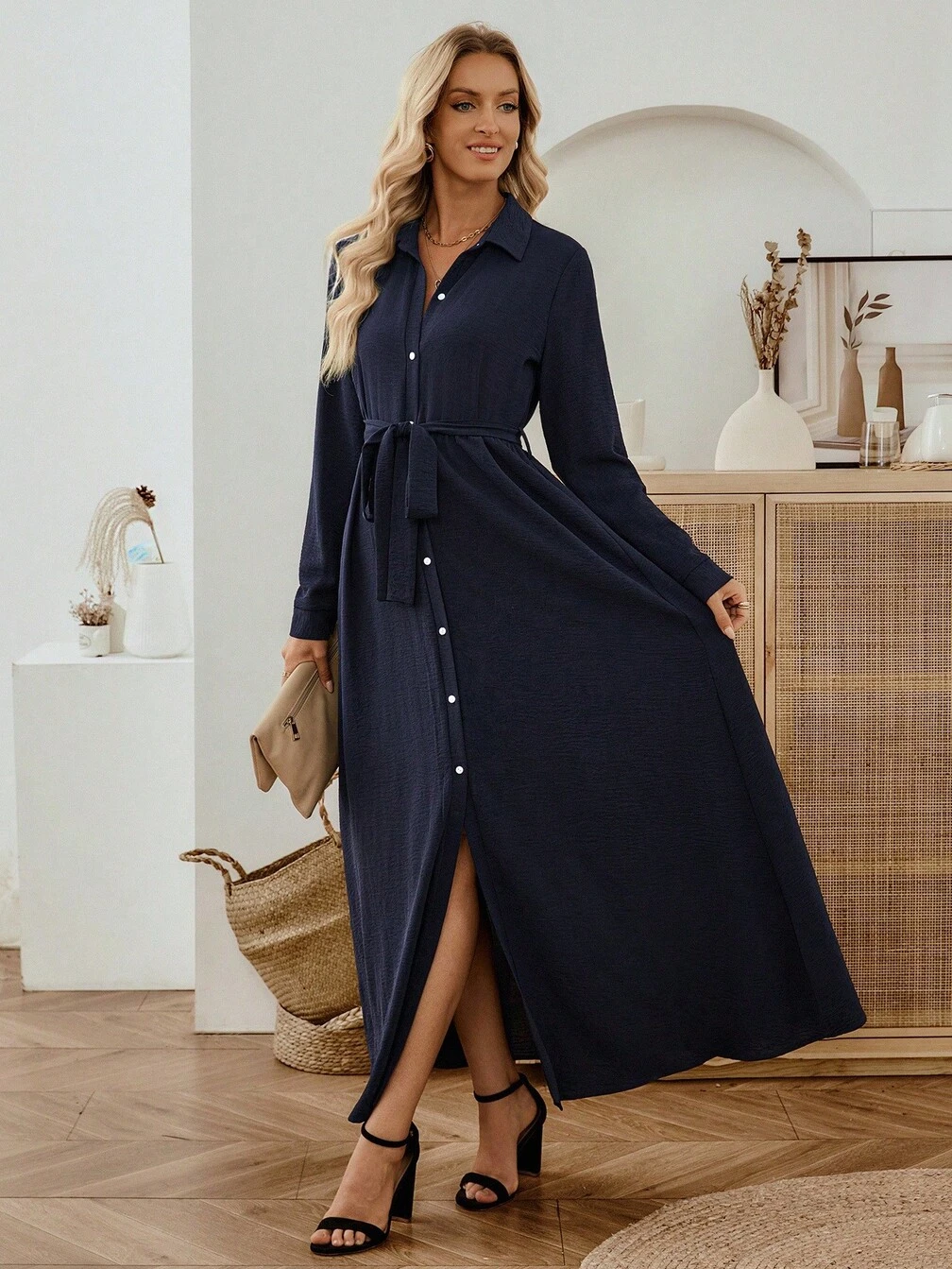 casual navy maxi dress Women's Casual Commuter Solid Color Front Button Long Dress Maxi Long  Sleeve Dress Navy Blue Women Dress Long Casual Dress Button Down Maxi Dress  Long Sleeve Maxi Dress｜Emery Rose