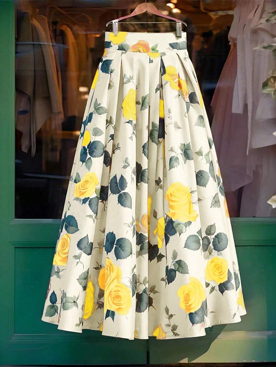 GlowEve Women's Elegant Commuter Floral Print A-Line Skirt Fall Cloth For Women - Apricot - View 1