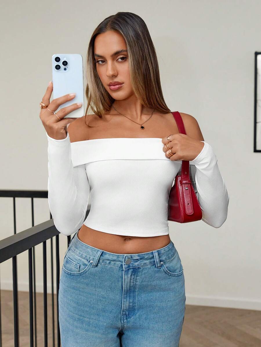Siren Gaze Off Shoulder Gấp lại Off Shoulder Áo phông Crop - trắng - Xem 1