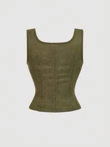 SHEIN MOD 女士刺绣系带麂皮绿色军装风上衣，波西米亚风格，适合音乐节穿着 - 軍綠色 - 查看 2