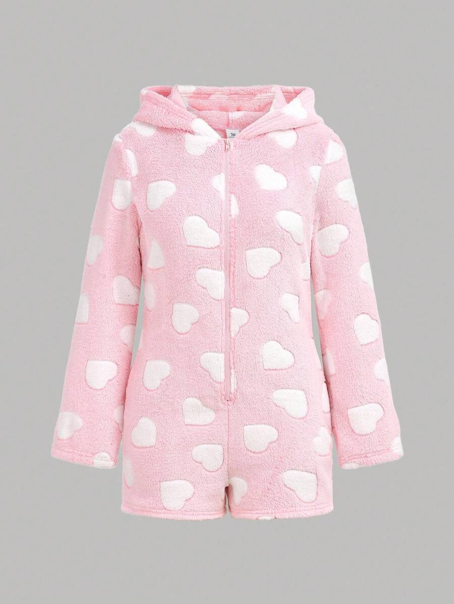SHEIN 少女心形图案拉链前长袖连帽法兰绒连体裤,秋冬 - 粉色 - 查看 1