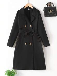 SHEIN 青少年女孩编织休闲百搭时尚纽扣领腰带蝴蝶结口袋宽松长款风衣，休闲军事风格，通勤和户外，返校，秋冬母子搭配，秋季服装，冬季服装