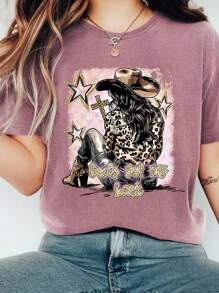 EMERY ROSE Western Element Leopard Print, Star, Letter Slogan Graphic Round Neck Short Sleeve Fashion Plus Size T-Shirt - Red Violet - View 1