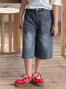 Girls' New Washed Loose Straight Leg Casual Denim Capri Pants, Simple And Versatile Design Suitable For Daily Wear Fall Winter - Dark Wash - View 7