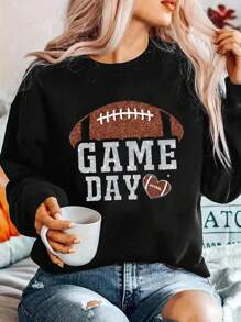 EMERY ROSE Women's Fashion Sweatshirt 'GAME DAY' Slogan Letters Pattern Printed Round Neck Sweatshirt Pullover Fall - Black - View 1
