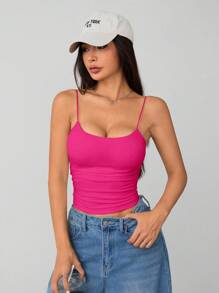SHEIN PETITE Áo ba lỗ hở ngực bó sát cổ tròn thoáng khí cơ bản màu trắng dành cho nữ - Màu Hồng Tươi - Xem 6