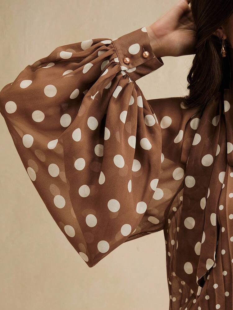 Women's Polka Dot Pleated Tie Front Long Sleeve Blouse, Elegant And Versatile For Work And Casual Wear