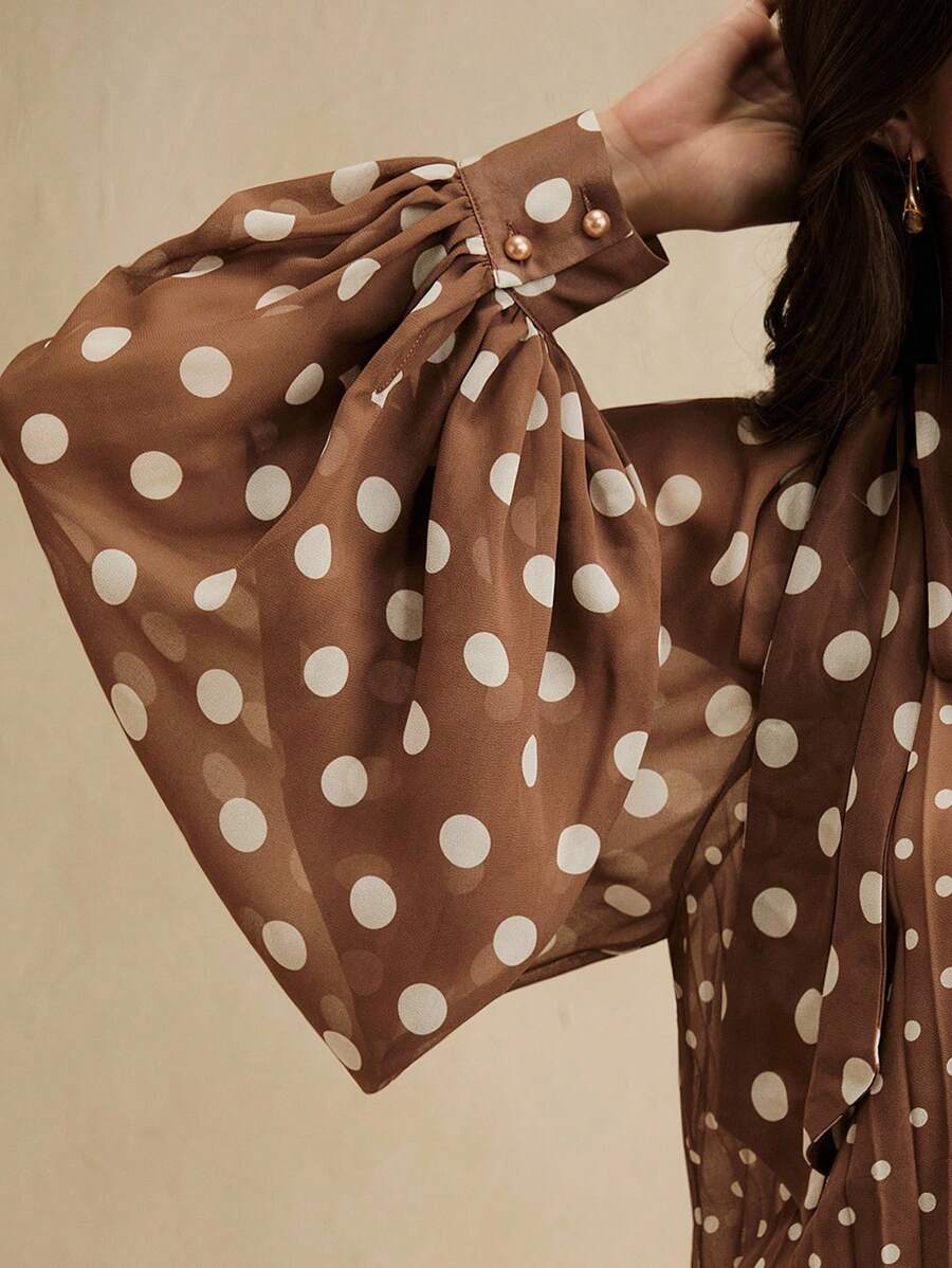 Anewsta Áo sơ mi chấm bi xếp ly buộc trước tay dài cho nữ, thanh lịch và đa năng cho cả trang phục công sở và thường ngày - màu nâu - Xem 1