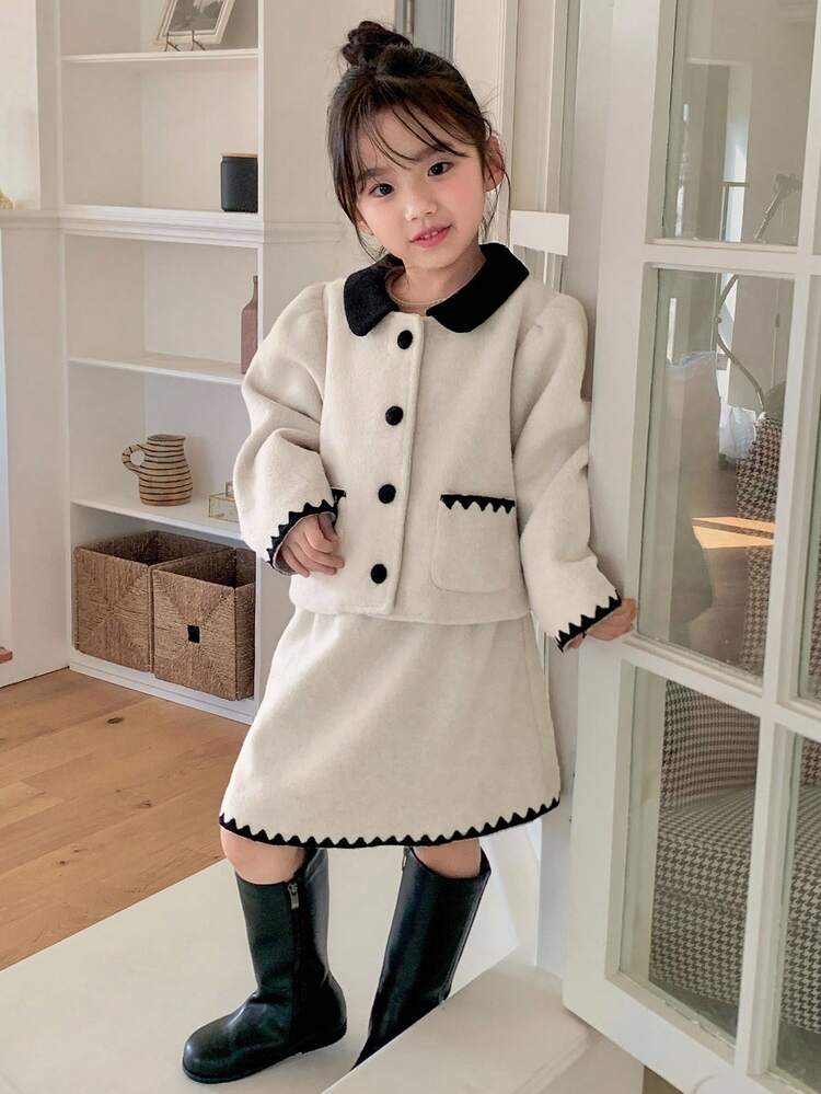 2pcs/Set Young Girls Collared Long Sleeve Jacket And Mini Skirt Outfit