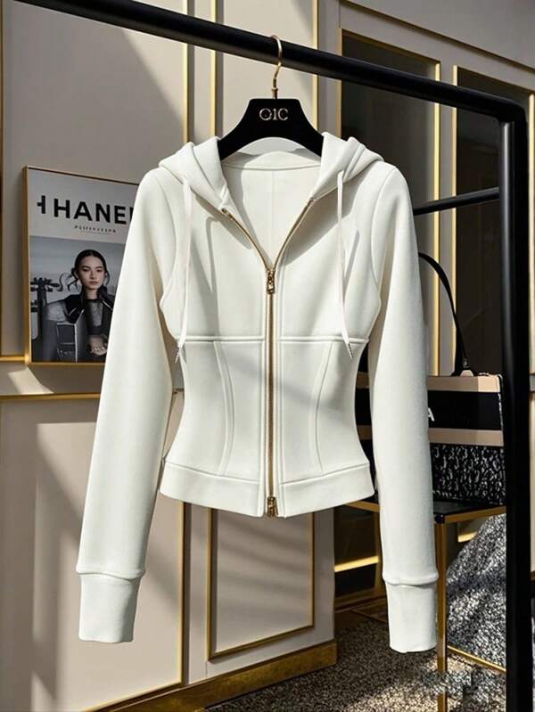GlowEve Damen Sweatshirt mit durchgehendem Reißverschluss, Kapuze und Kordelzug, einfarbig, Langarm