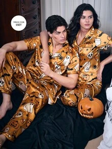 CoupledUp 男士仿丝万圣节鬼南瓜印花短袖睡衣套装 - 橘色 - 查看 7