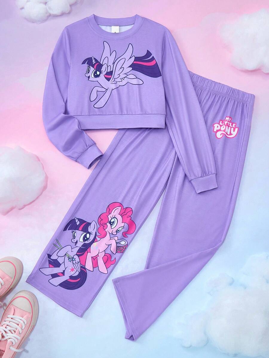 My Little Pony X SHEIN 青少年女孩休闲可爱马匹印花运动衫和裤子套装 - 彩色 - 查看 1