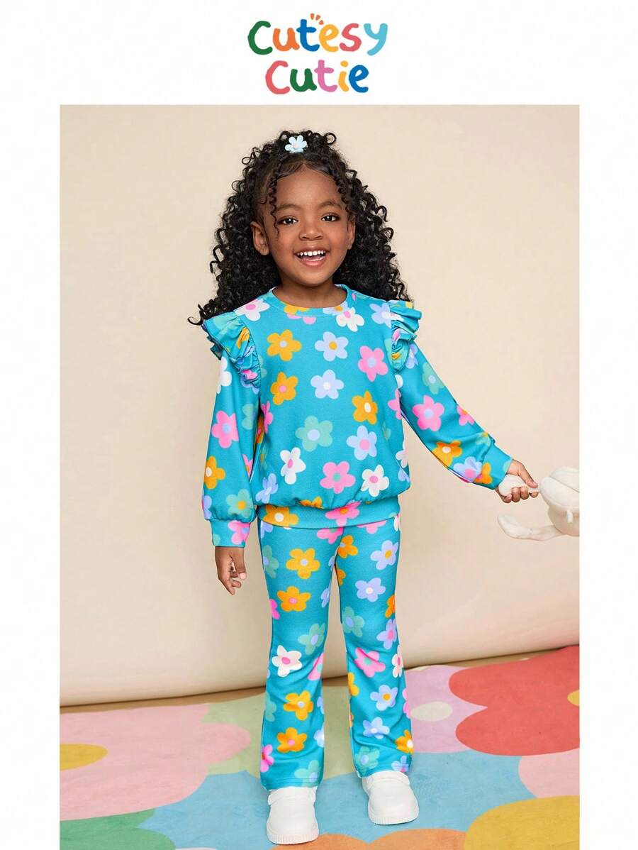 Set informal de sudadera y pantalones con volantes y estampado floral para niña
