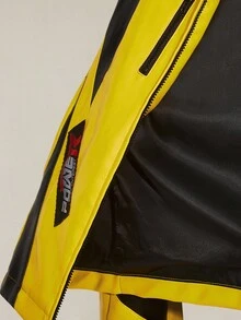 SHEIN ICON 女士秋冬街头时尚机车风黄色和黑色撞色宽松短款黄色夹克 Y2k 赛车女式摩托车 - 黃色 - 查看 12