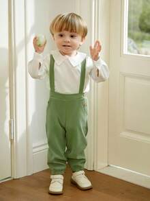 Souflis Souflis 2 件套男婴休闲白色长袖上衣和浅绿色无袖连体裤，秋冬 - 彩色 - 查看 6