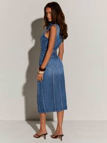 Athîral Women's Button Half Placket Pocket Slit Hem Casual Sleeveless Denim Dress Jeans Dress Denim Dress Women Chambray Dress Curve Denim Dress - Blue - View 2