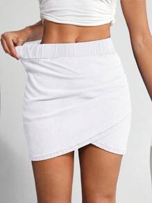 Flexra Women's Casual Solid Color Wrap Fitted Denim Mini Skirt, Summer/White Tight Skirt/Y2K Denim Skirt/White Denim Skirt - White - View 6