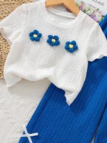 2pcs Young Girls Textured Fabric T-Shirt With 3D Floral Decor & Casual Pants Set, Suitable For Casual Wear At Home Or Outdoor Two Pieces Pants Set Kids Blue Kid Sets Crop Top Set For Kids Kids Summer Sets Girls Two Pieces Set - Blue - View 4