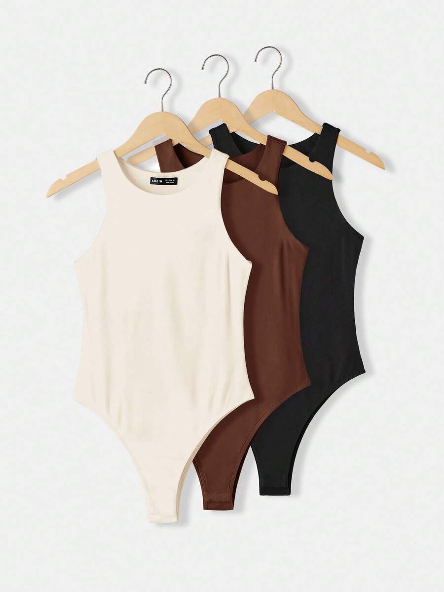 SHEIN BASICS Bộ 3 áo liền quần dệt kim màu trơn không tay cổ tròn thoải mái cho nữ - màu nâu - Xem 1