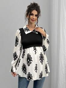 Momance Fashionable Casual Printed Patchwork Vintage Patchwork Collar Maternity Shirt