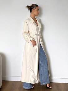 SHEIN ICON 秋冬女士米色外出纯色翻领休闲长款宽松长袖风衣 - 杏色 - 查看 5