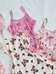 SHEIN Bộ 3 món Dream Adore: Áo ngủ hai dây in họa tiết bướm, nơ và hồng hạc - Nhiều màu - Xem 4