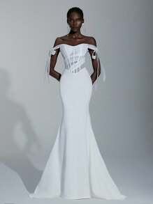 Elitara 优雅白色露肩飘袖蝴蝶结透视网眼鱼骨露肩鱼尾长拖尾婚纱，可调节肩带适合婚礼、毕业典礼、舞会、晚礼服 - 白色 - 查看 2