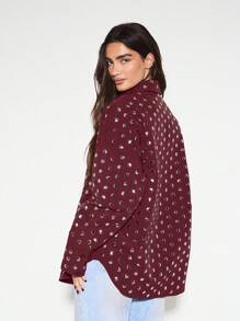 KIZN 长袖纽扣领衬衫金属圆点细节派对晚会场合衬衫西部上衣节日时尚个性单品秋冬 - 酒紅色 - 查看 2