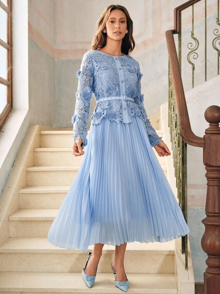 French Elegant Round Neck Lace Hollow Blouse & Pleated Skirt Dress Set For Women