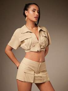 Hauture Women's Sexy Casual Solid Color Flap Pocket Stretch Cargo Mini Skort For Summer - Khaki - View 4