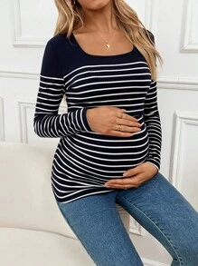 SHEIN Maternity Striped Square Neck Long Sleeve Casual Nursing Top Nursing Maternity Tops Maternity Tops Maternity Shirts Striped Maternity Tops Maternity Clothes - Navy Blue - View 4