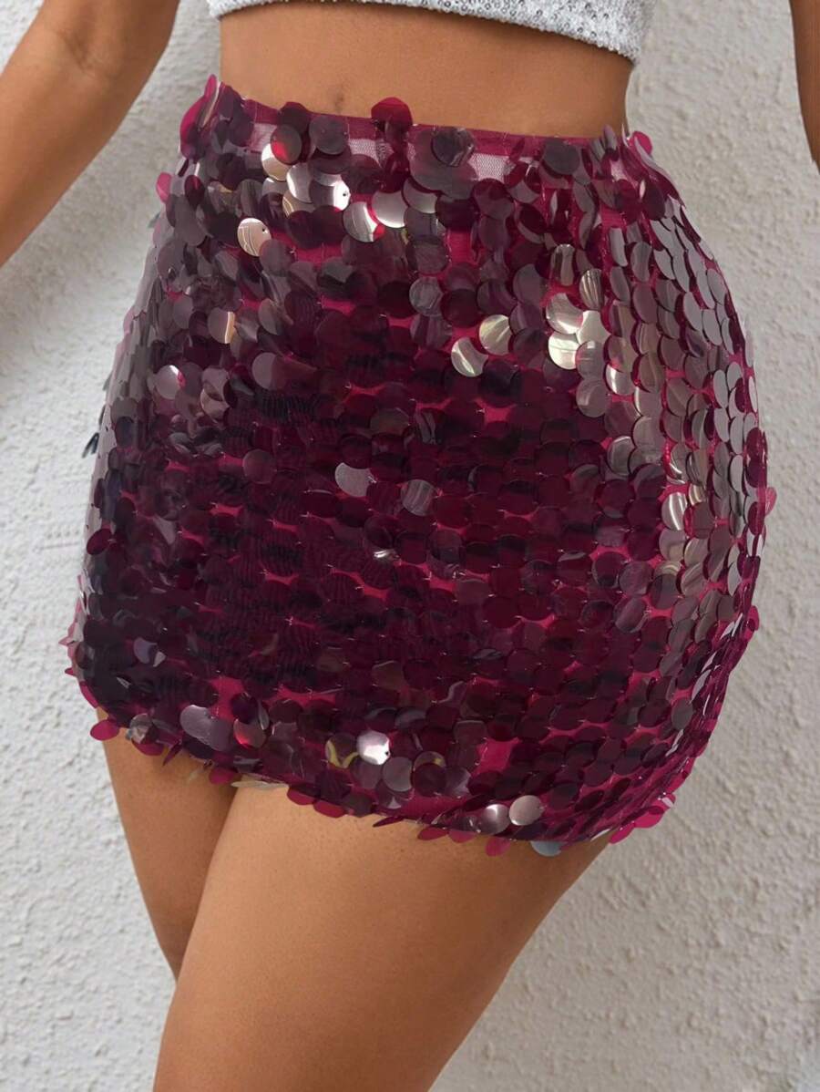 BamGleam Sequin Mini Bodycon Skirt For New Year Holiday Party Clothes - Burgundy - View 1