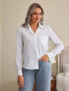 Louniche Patch Pocket Button Front Solid Shirt,Ladies Elegant Button,Pocket Long Sleeve Collar Regular Fit Regular White Regular Sleeve Shirt Women Blouses,Spring/Fall ,Professional/Business Attire/Workwear,Long Sleeve Tops