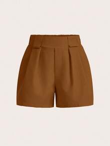 VaVaBold 女士纯色褶皱口袋宽松休闲短裤 - 棕色 - 查看 3