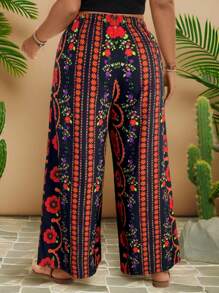 Travachic Damen Große Größen Schwarze & Rote Blumen Weite Hose, Urlaubs Weite Hose Weite Hose Frau Strand Resort Tragen Frauen Ibiza Boho Hose