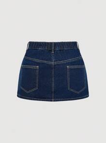 Maija Plus Size Women's Non-Stretch Denim Mini Skirt, Dark Blue Washed Denim Fabric, Anti-Exposure Underskirt,Fall Clothes For Women