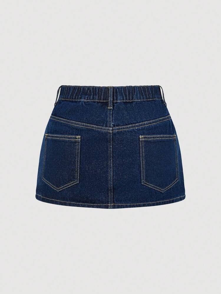 SHEIN Maija Plus Size Women's Non-Stretch Denim Mini Skirt, Dark Blue Washed Denim Fabric, Anti-Exposure Underskirt,Fall Clothes For Women