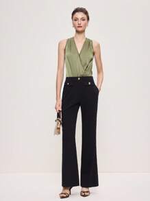 BizChic 2025秋冬新款绿色不对称剪裁斜翻领交叉露肩连体衣，现代优雅都市商务休闲办公装，适合约会、派对、郊游、机场、浪漫乡村音乐会、韩式、机场、婚礼嘉宾、生日、万圣节、圣诞节 - 綠色 - 查看 5