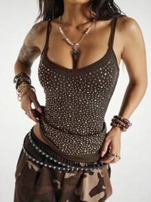 StreetHx Women's Punk Style Black Rhinestone Decorated Camisole - Coffee Brown - View 5