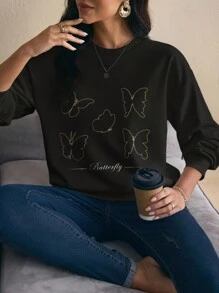 Shutterstock Glamance 女士休闲蝴蝶印花圆领运动衫，秋冬蝴蝶运动衫蝴蝶上衣女士运动衫可爱运动衫优雅 - 白色 - 查看 3