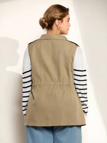 Momelise Plus Size Women's Solid Color Turndown Collar Single-Breasted Zipper, Practical Pocket Drawstring Waist Sleeveless Casual Jacket Winter Fall Autumn - Khaki - View 2