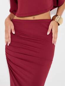 KIZN Two Piece Crop Top Maxi Skirt Co-Ord Holiday Evening Party Occasion Long Formal Dinner Wedding Guest Outfit With Ruching Detail - Red - View 5