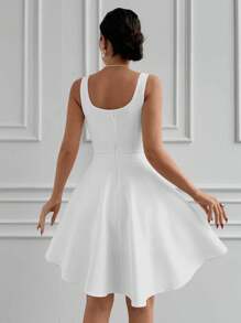 EURMUSE Solid Scoop Neck Flare Hem Dress - White - View 2